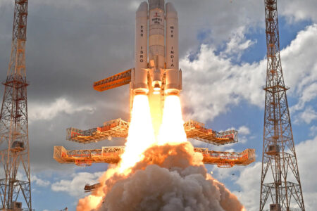 LVM-3 rocket carrying the Chandrayaan-3 spacecraft lifts off from Satish Dhawan Space Centre on July 14, 2023. Credit: ISRO
