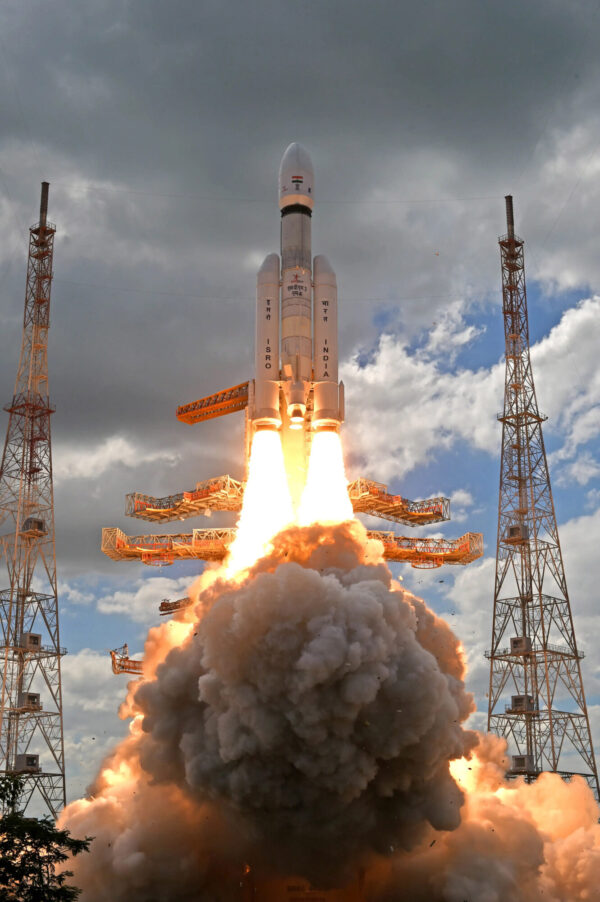 LVM-3 rocket carrying the Chandrayaan-3 spacecraft lifts off from Satish Dhawan Space Centre on July 14, 2023. Credit: ISRO